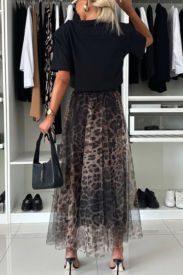 Tulle Leopard Print Elastic Waist A-line Maxi Skirt