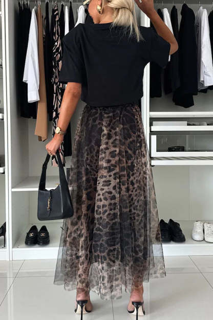 Tulle Leopard Print Elastic Waist A-line Maxi Skirt