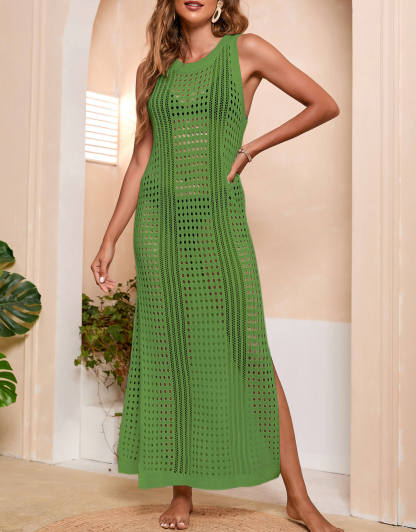 Chic Open-Knit Sleeveless Side Slit Maxi Dress