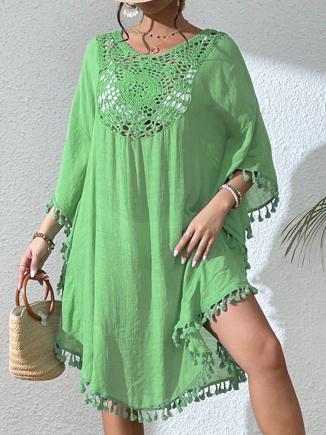 Boho Tassel Trim Crochet Yoke Loose Kaftan Dress