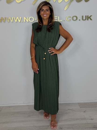 Pleated Tie Waist Midi Dress (Buy 2 Free Shipping)