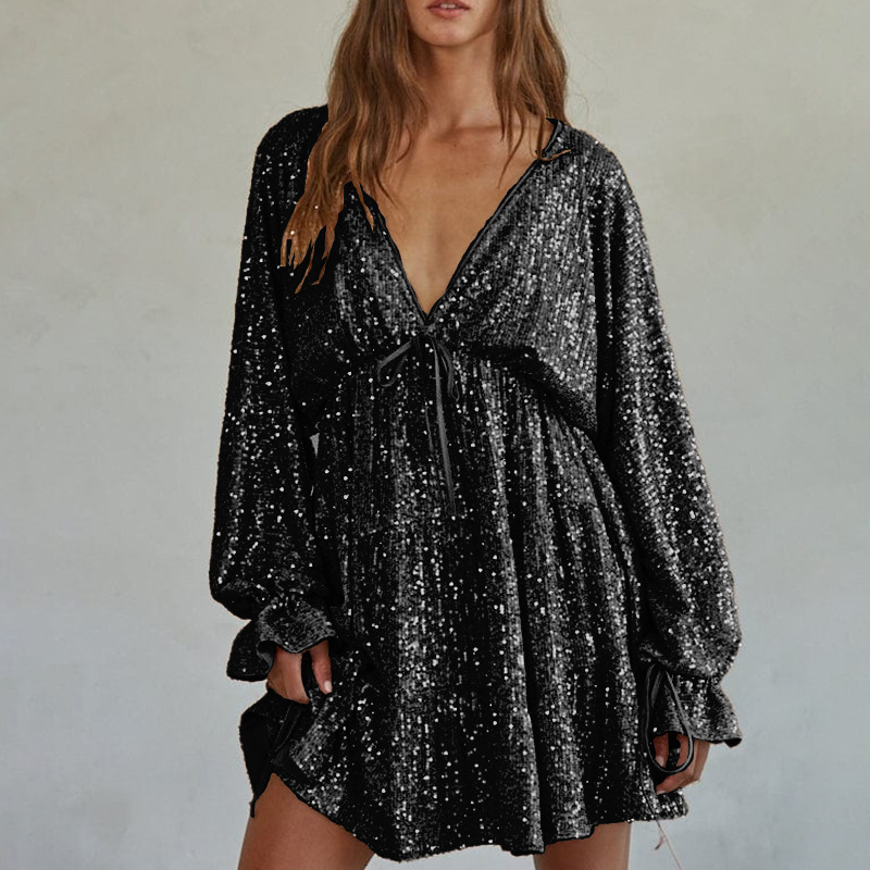 Relaxed Sequin V-Neck Drawstring Lantern Sleeve Dress (Buy 2 Free Shipping)