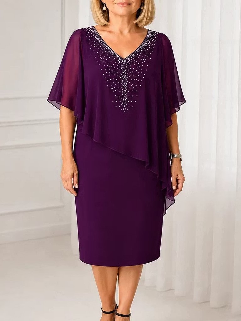 Elegant V-Neck Asymmetric Cape Midi Dress
