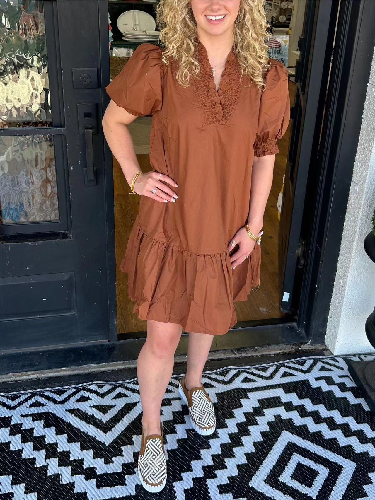 Ruffle V-Neck Puff Sleeve Dress (Buy 2 Free Shipping)