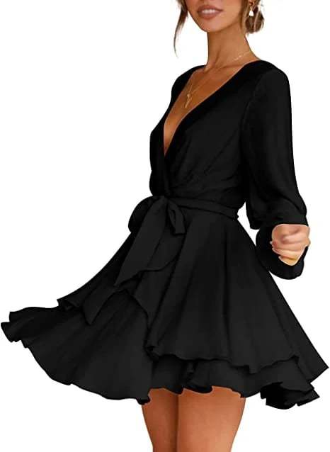 Last Day 49% OFF🔥V-Neck Waist Tie Ruffle Mini Swing Skater Dresses❤️Buy 2 Free Shipping