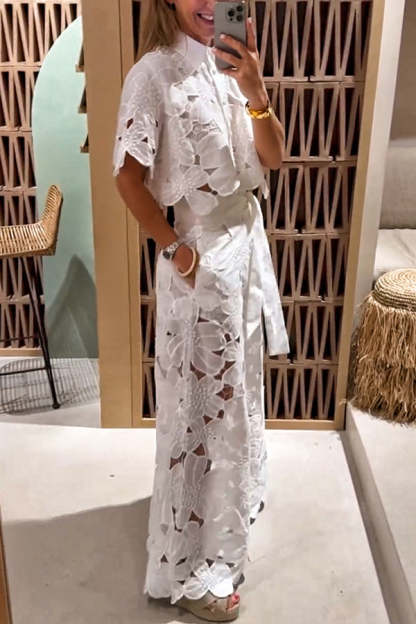 Floral Lace Cropped Shirt and Belt Pocketed Wide Leg Pants Set