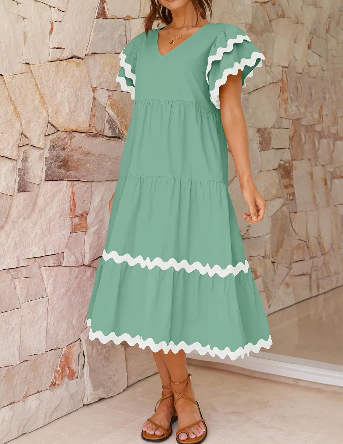 V Neck Flutter Short Sleeve Tiered Long Dress (Buy 2 Free Shipping)