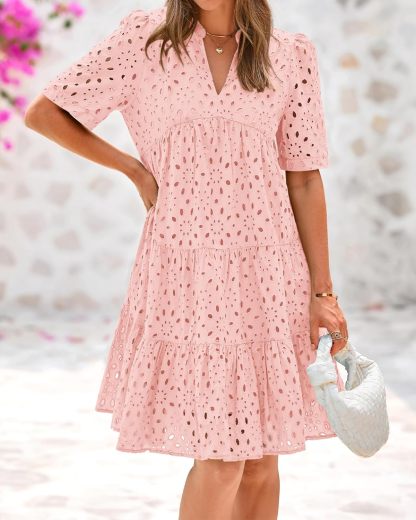 Elegant V Neck Eyelet Lace Dress (Buy 2 Free Shipping)