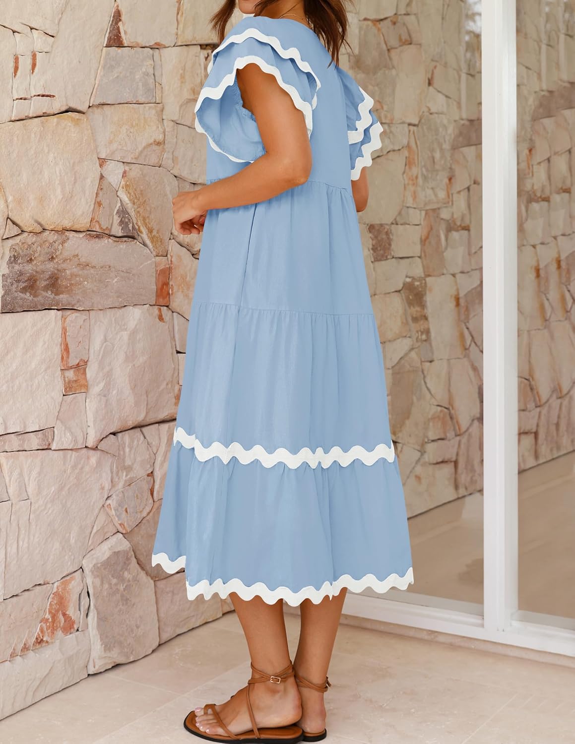 V Neck Flutter Short Sleeve Tiered Long Dress (Buy 2 Free Shipping)