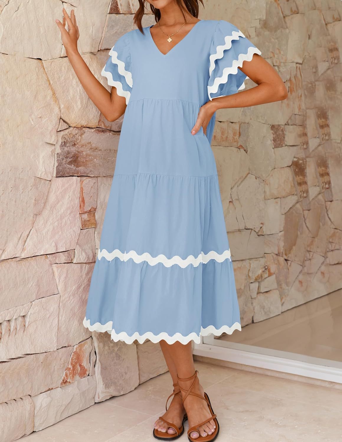 V Neck Flutter Short Sleeve Tiered Long Dress (Buy 2 Free Shipping)