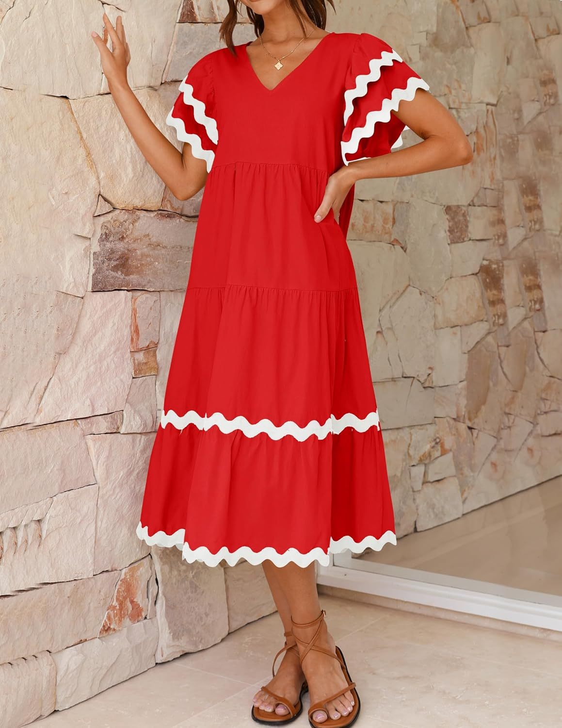 V Neck Flutter Short Sleeve Tiered Long Dress (Buy 2 Free Shipping)