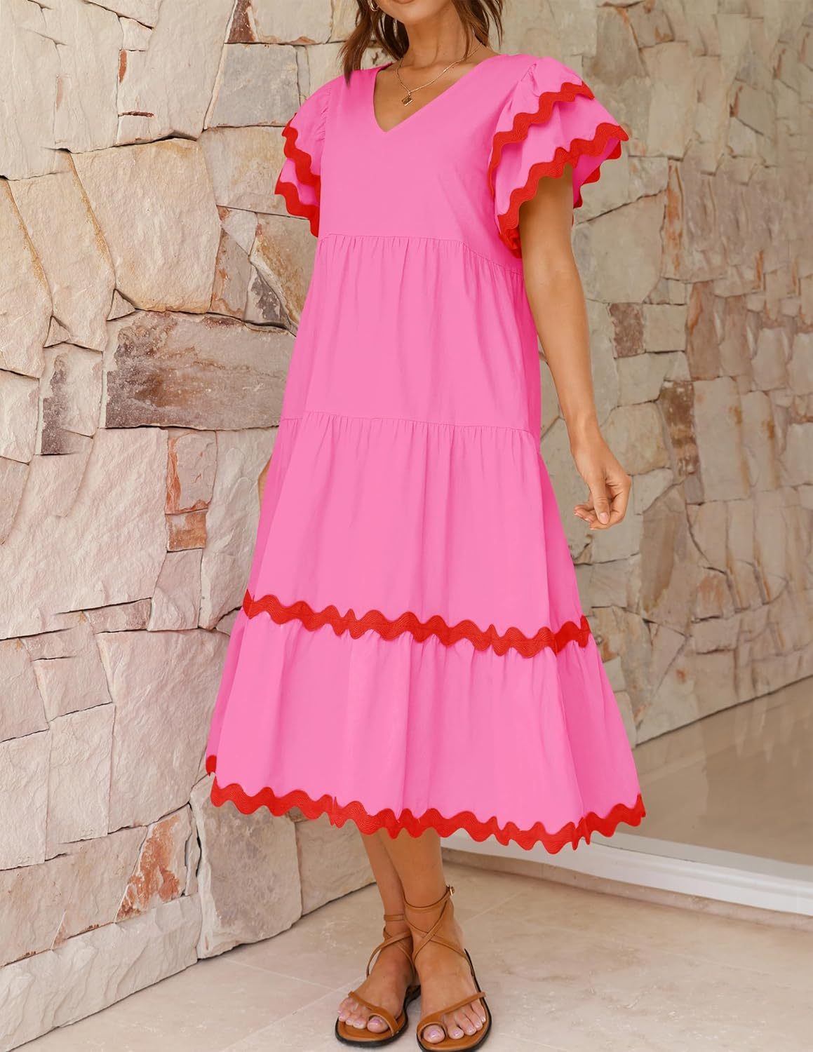 V Neck Flutter Short Sleeve Tiered Long Dress (Buy 2 Free Shipping)