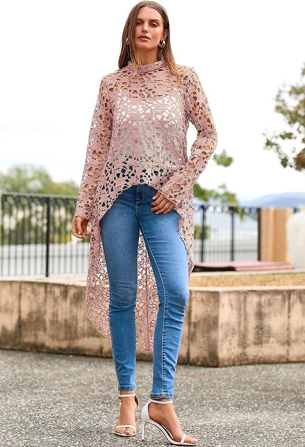 Elegant High Neck Lace Hollow Out Longline Top