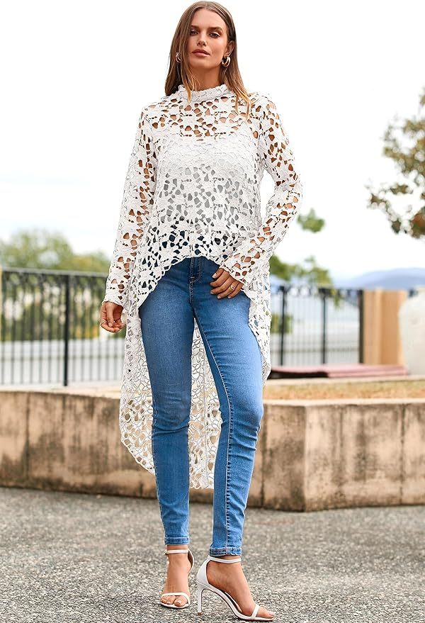 Elegant High Neck Lace Hollow Out Longline Top