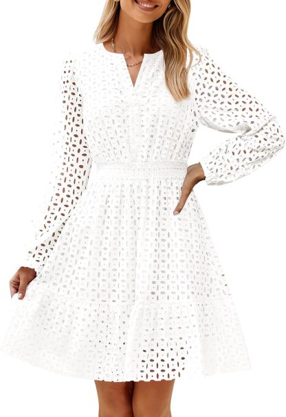 Long Sleeve Hollow Out Eyelet Dress (Buy 2 Free Shipping)