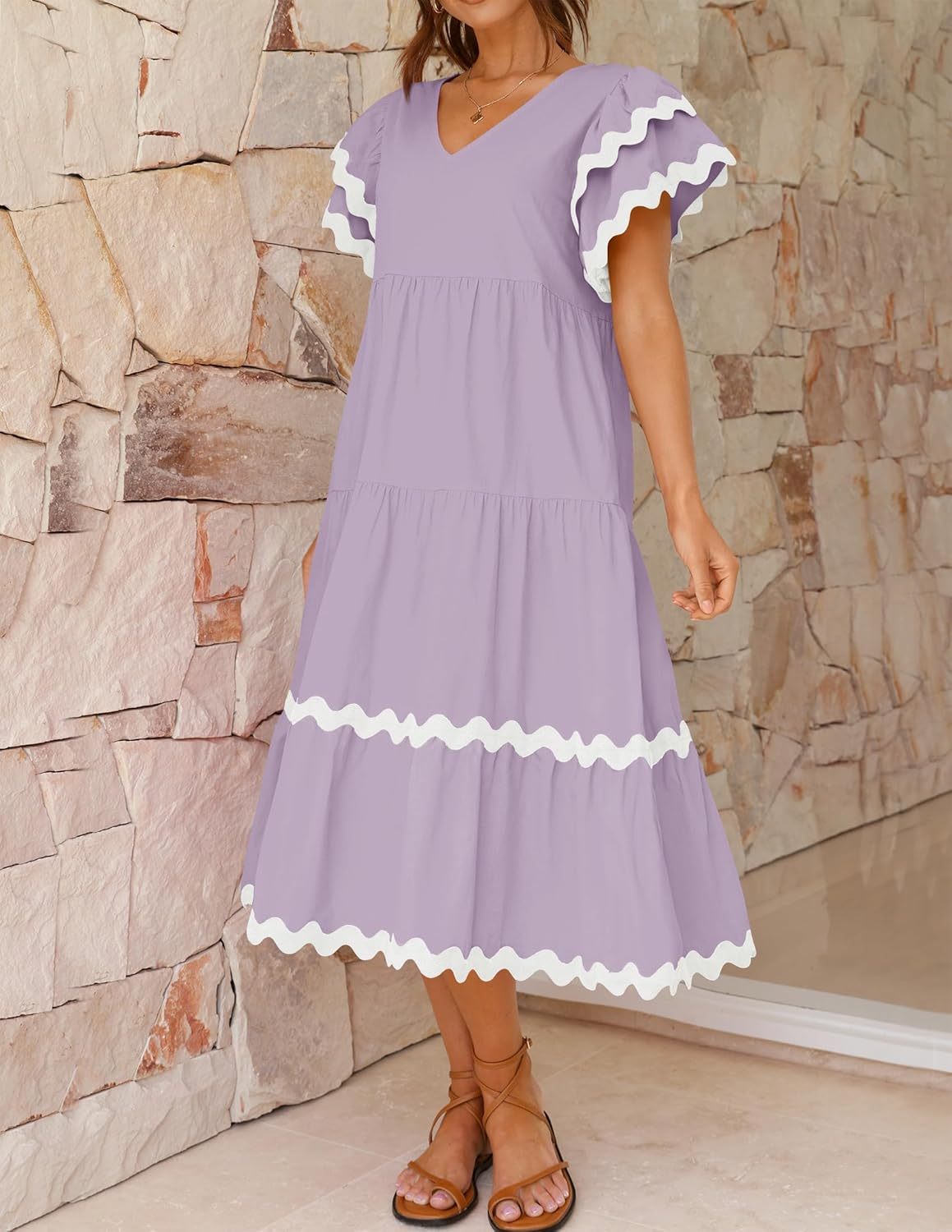 V Neck Flutter Short Sleeve Tiered Long Dress (Buy 2 Free Shipping)