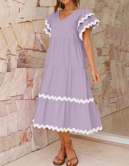 V Neck Flutter Short Sleeve Tiered Long Dress (Buy 2 Free Shipping)