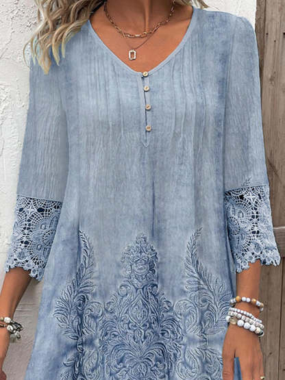 3/4 Sleeve V-neck Graphic Lace Buttons Midi Dress