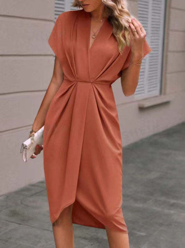Elegant Draped Pleated V-Neck Midi Dress (Buy 2 Free Shipping)