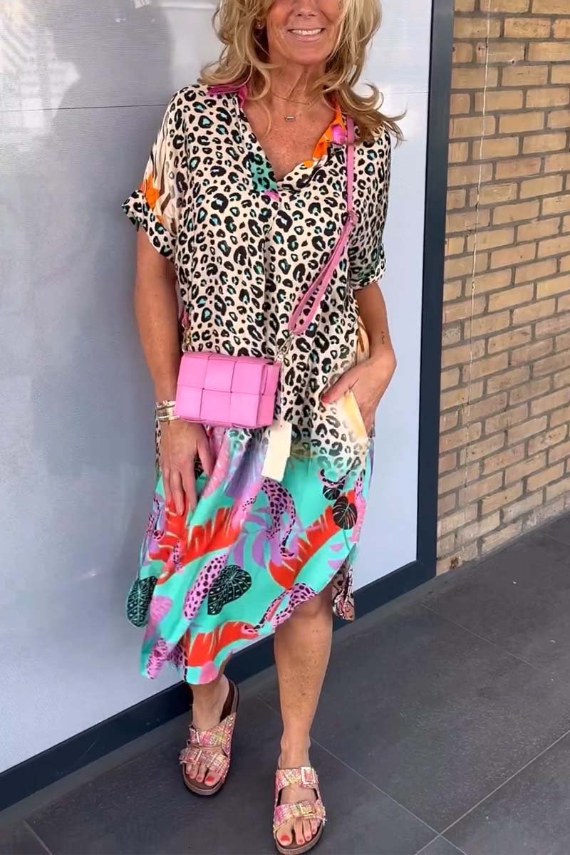 Colorblock Leopard Graffiti Print Oversized Shirt Dress (Buy 2 Free Shipping)