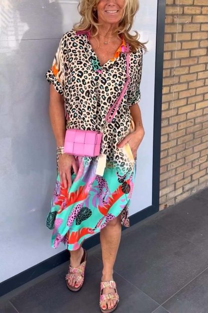 Colorblock Leopard Graffiti Print Oversized Shirt Dress (Buy 2 Free Shipping)