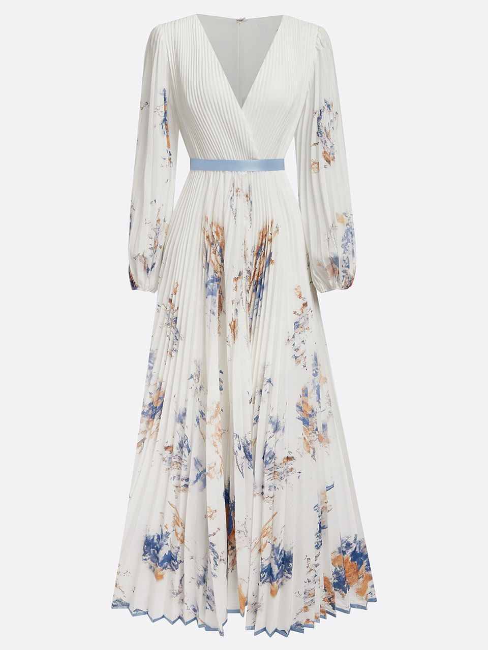 Pleated Chiffon V Neck Floral Long Sleeve Balloon Sleeve A-Line Maxi Dress