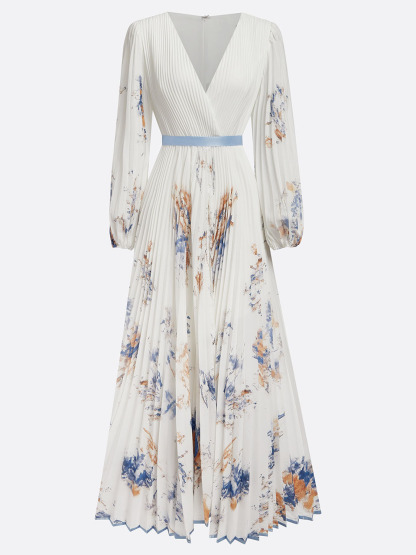 Pleated Chiffon V Neck Floral Long Sleeve Balloon Sleeve A-Line Maxi Dress