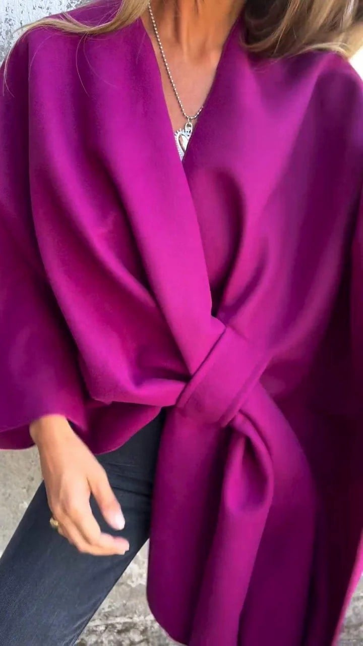 Minimalist Wool Blend Wrap Cape Coat with Inserted Front Detail (Buy 2 Free Shipping)