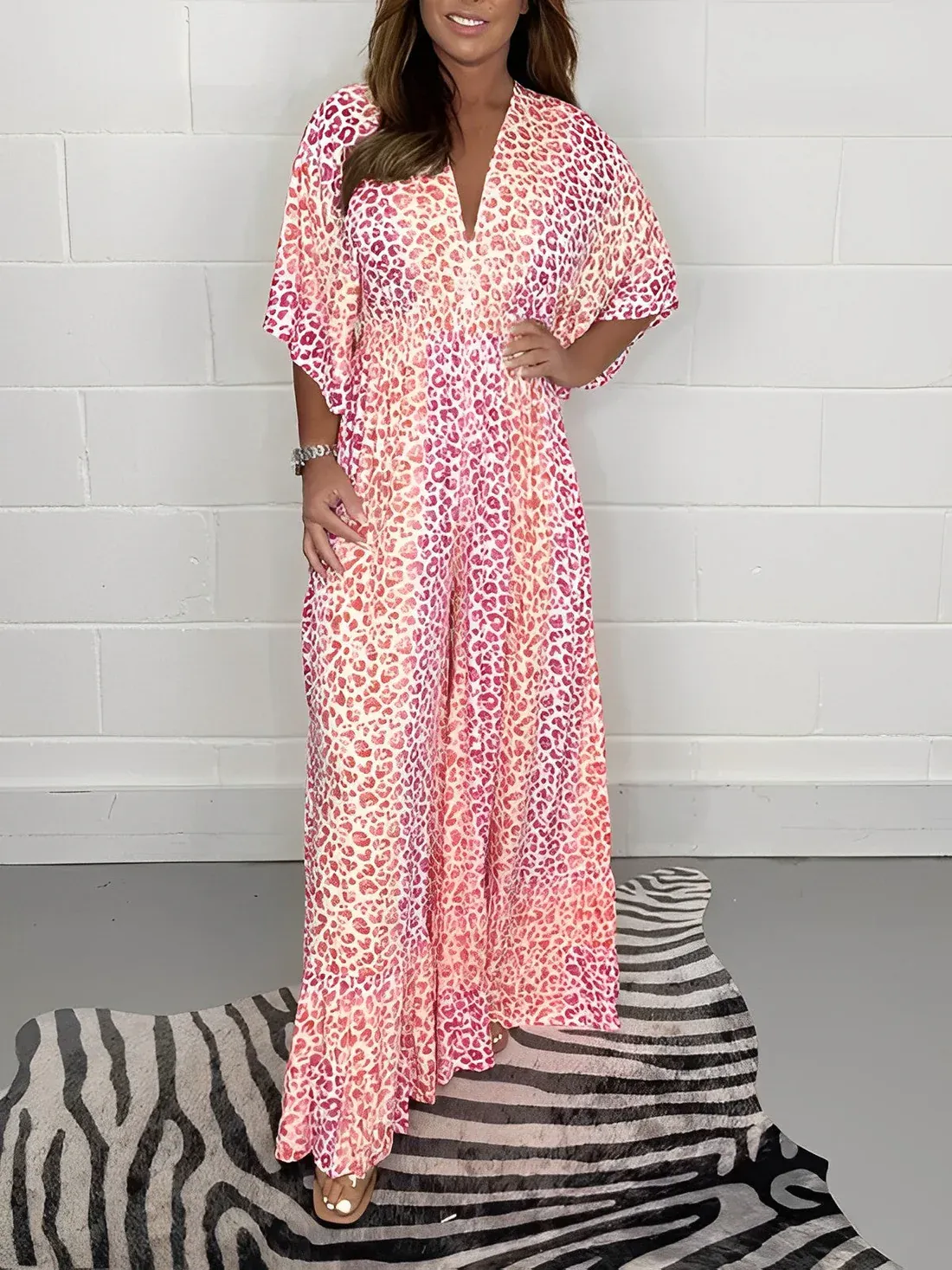 Leopard V-Neck Ruffle Wide-Leg Jumpsuit (Buy 2 Free Shipping)