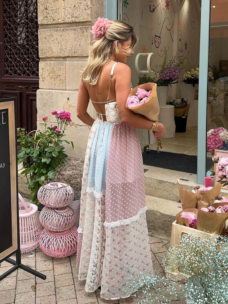 Lace Patchwork Halter Neck Floral Holiday Dress