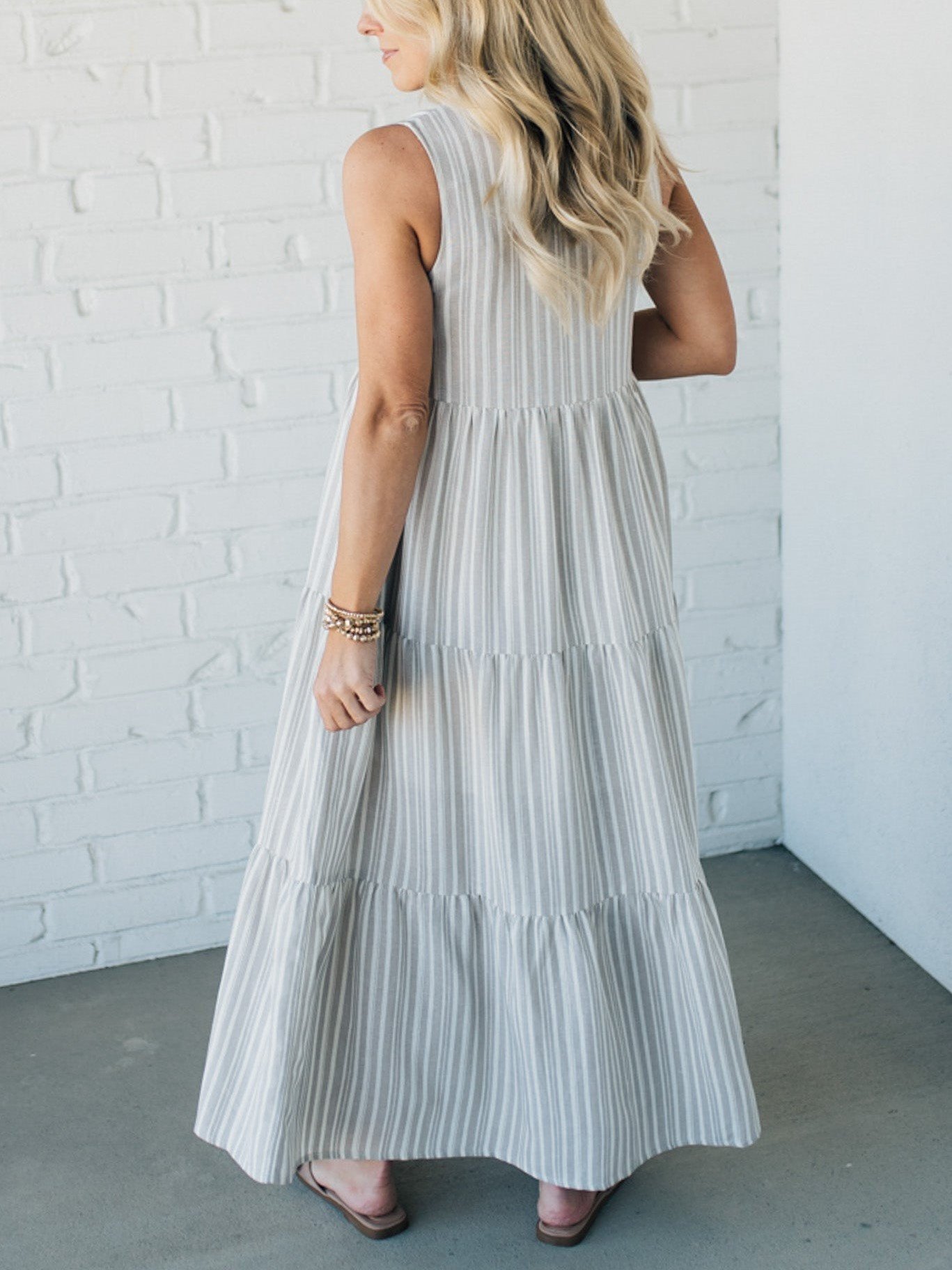 V Neck Striped Button Front Tiered Dress (Buy 2 Free Shipping)
