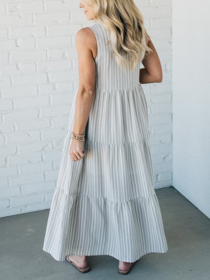 V Neck Striped Button Front Tiered Dress (Buy 2 Free Shipping)