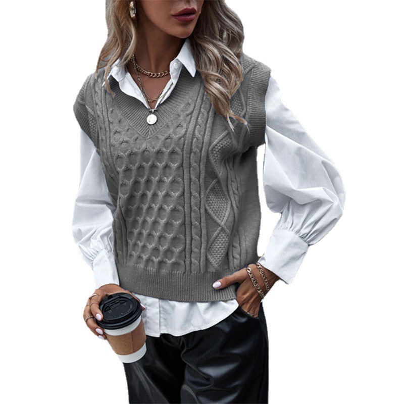 Dunhuang.Com Specializes In Small Batches For Women'S Fashionable Knitted Vests Autumn And Winter New Vests Sleeveless Cable V-Neck Tops