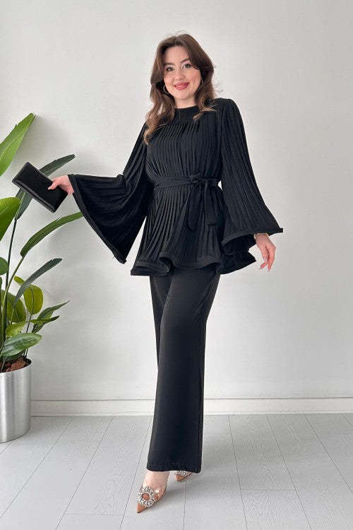 Pleated Bell Sleeve Top and Wide-Leg Pants Two Piece Set (Buy 2 Free Shipping)
