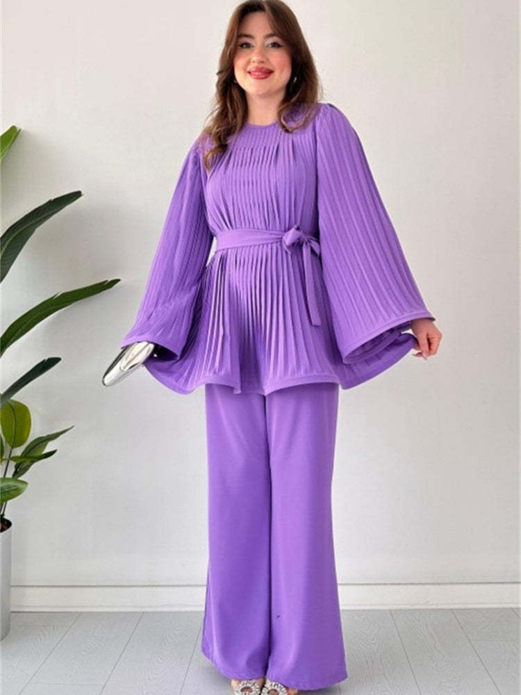 Pleated Bell Sleeve Top and Wide-Leg Pants Two Piece Set (Buy 2 Free Shipping)