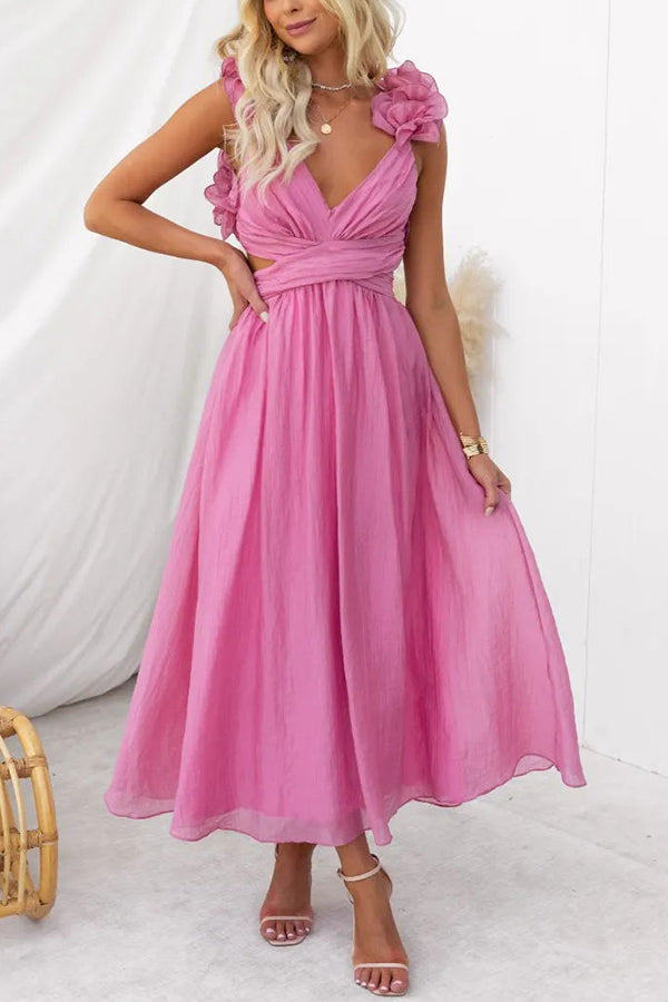 Floral Ruffle Detail Back Lace-up Elastic Waist Maxi Dress