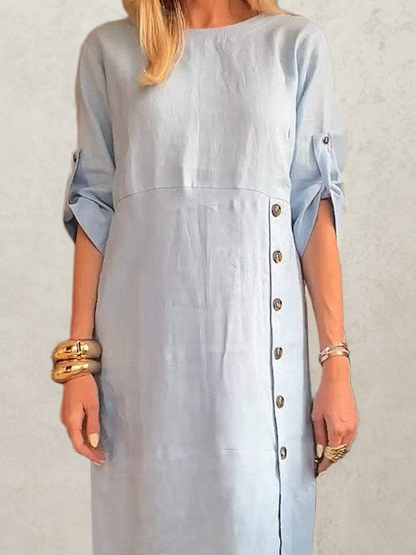 Linen Crew Neck Plain Short Sleeve Midi Dress