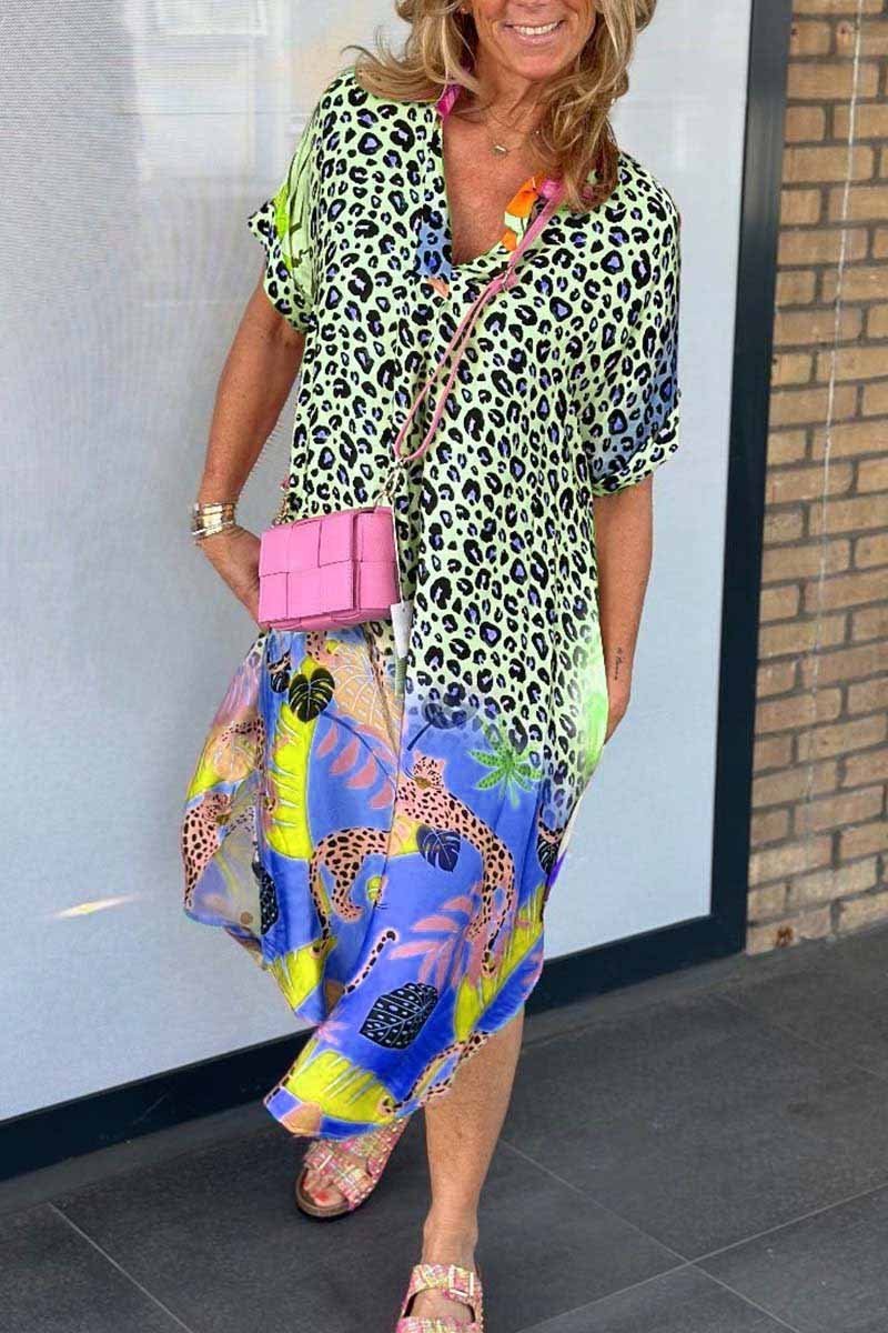 Colorblock Leopard Graffiti Print Oversized Shirt Dress (Buy 2 Free Shipping)