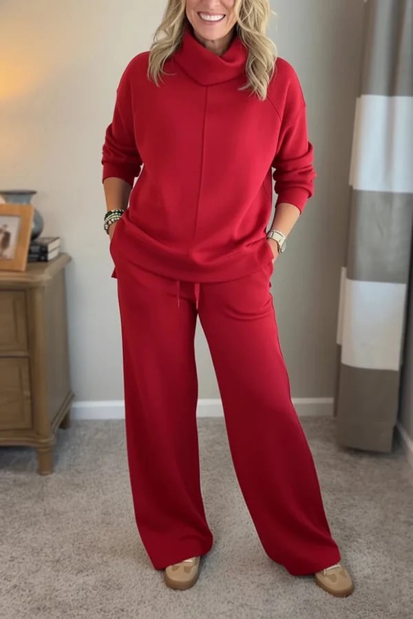 Cozy Cowl Neck Pullover and Wide Leg Pants Set (Buy 2 Free Shipping)