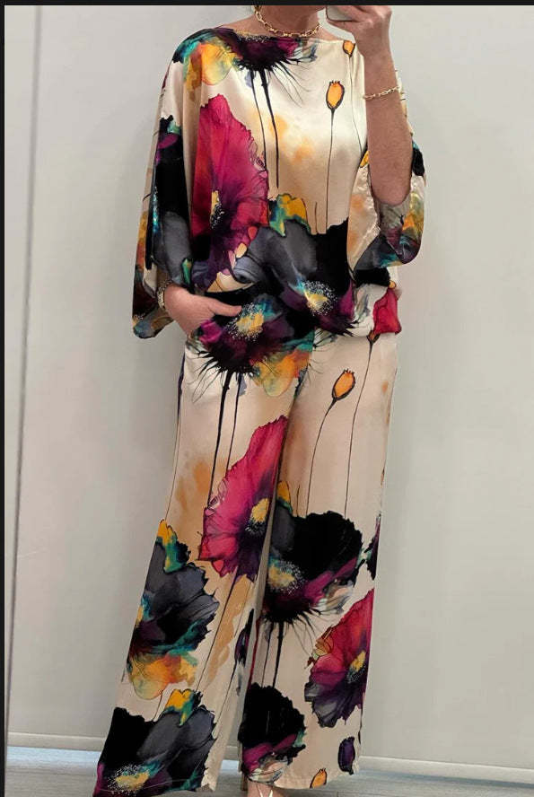 Watercolor Floral Wide-Leg Two-Piece Set (Buy 2 Free Shipping)