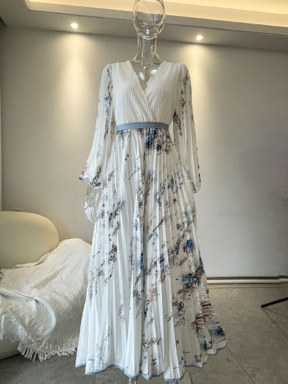 Pleated Chiffon V Neck Floral Long Sleeve Balloon Sleeve A-Line Maxi Dress