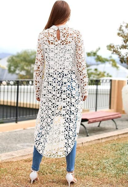 Elegant High Neck Lace Hollow Out Longline Top