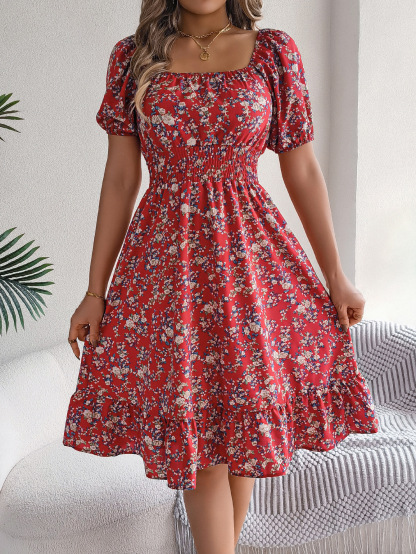 Elegant Floral Square Neck Smocked Waist Midi Dress