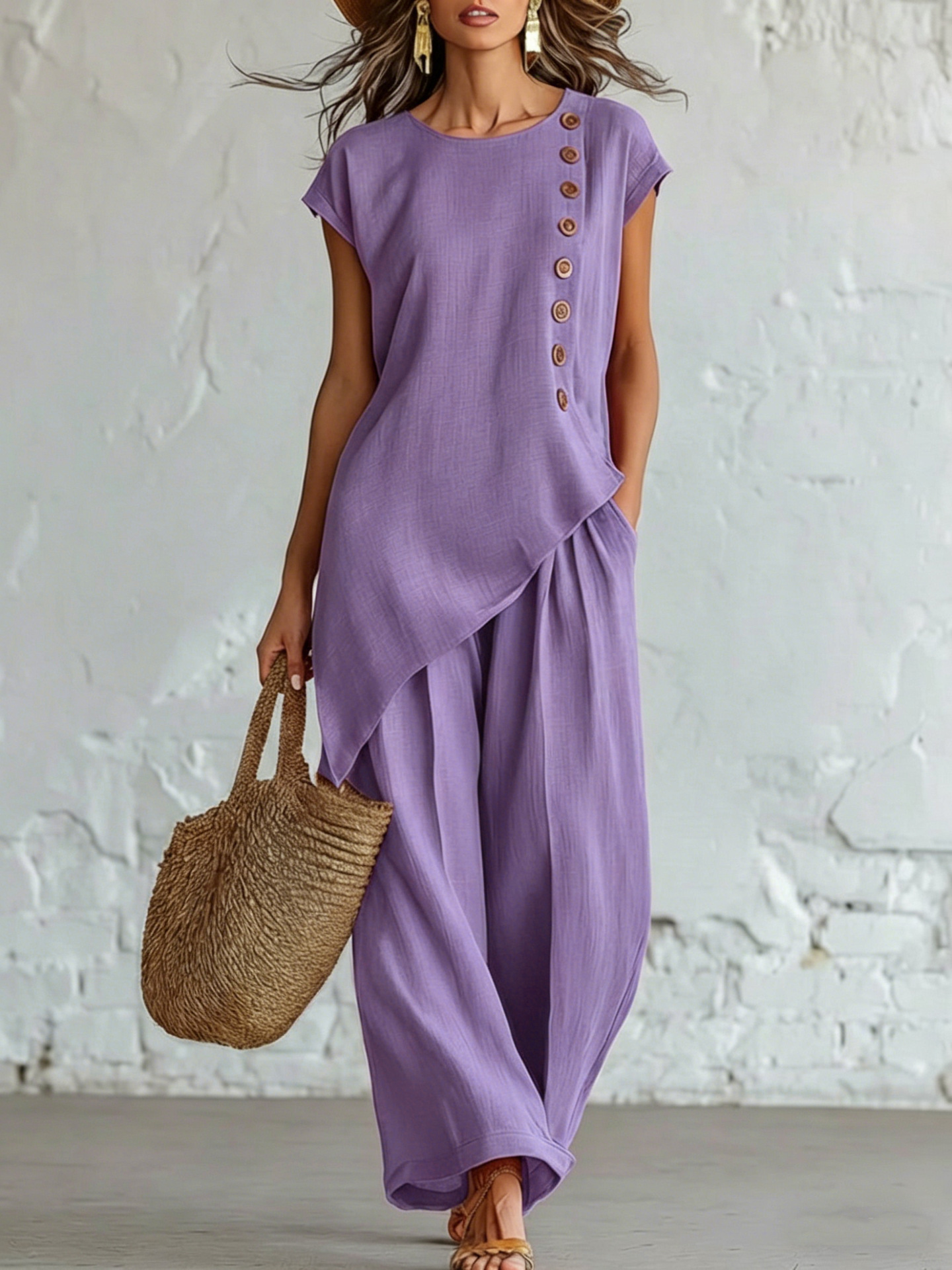 Elegant Asymmetric Button Detail Two-Piece Set (Buy 2 Free Shipping)