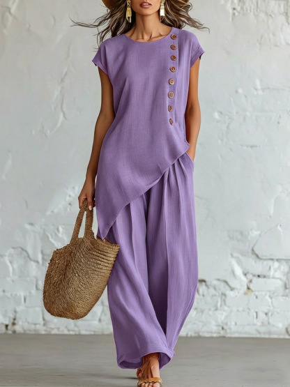 Elegant Asymmetric Button Detail Two-Piece Set (Buy 2 Free Shipping)