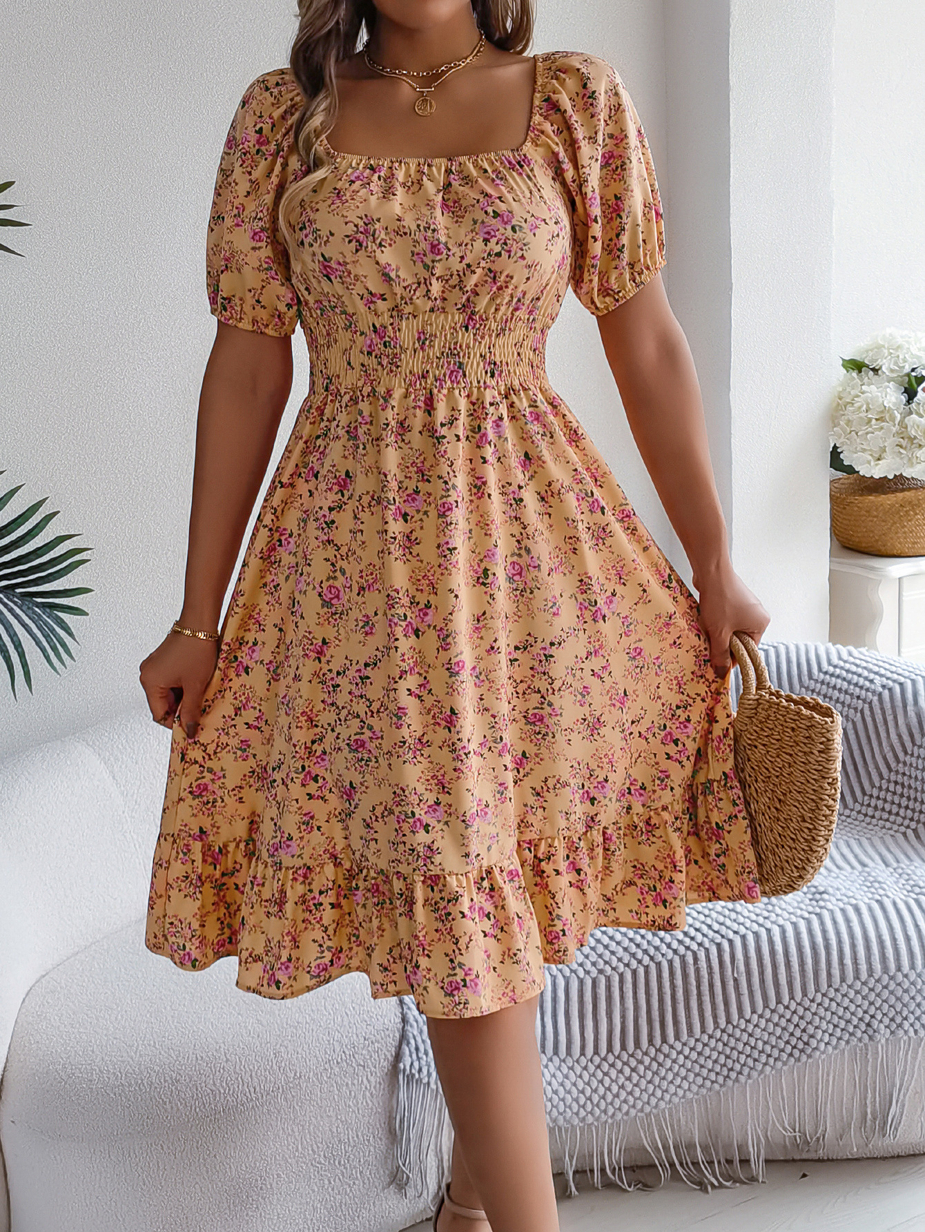 Elegant Floral Square Neck Smocked Waist Midi Dress