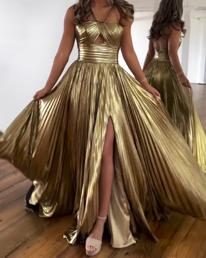 Halter Neck Slit Pleated Maxi Dress (Free Shipping)