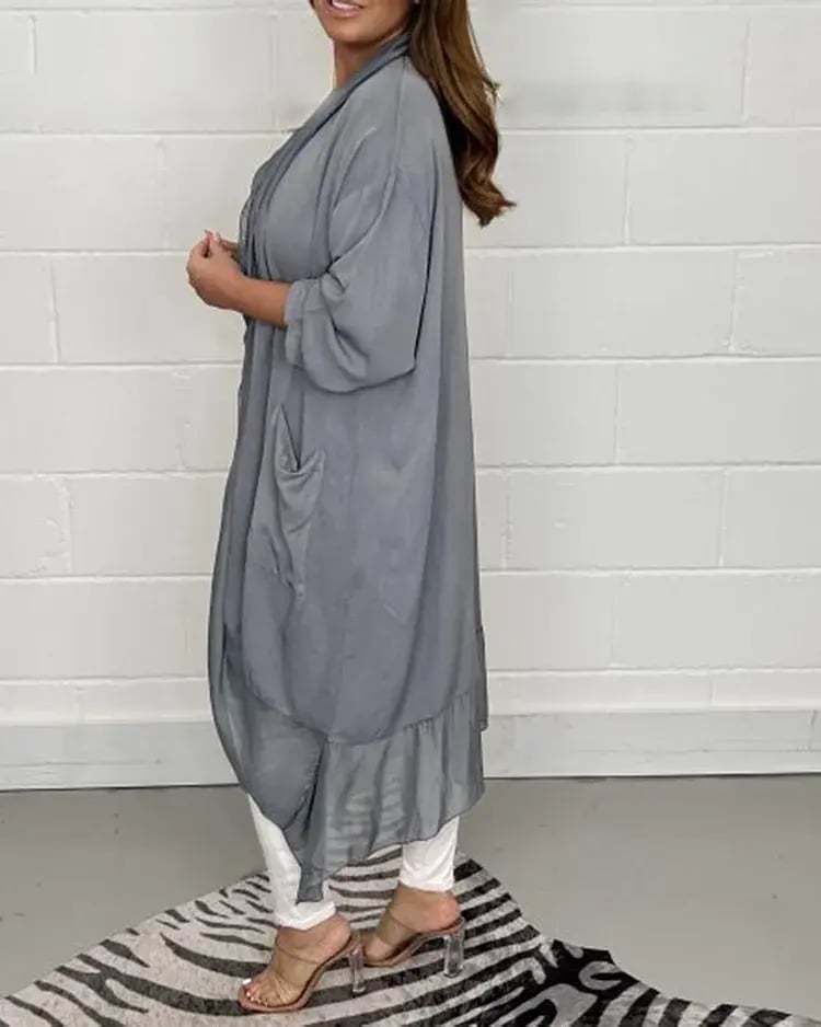Elegant Drape Front Sheer Cardigan with Batwing Sleeves Long Outerwear