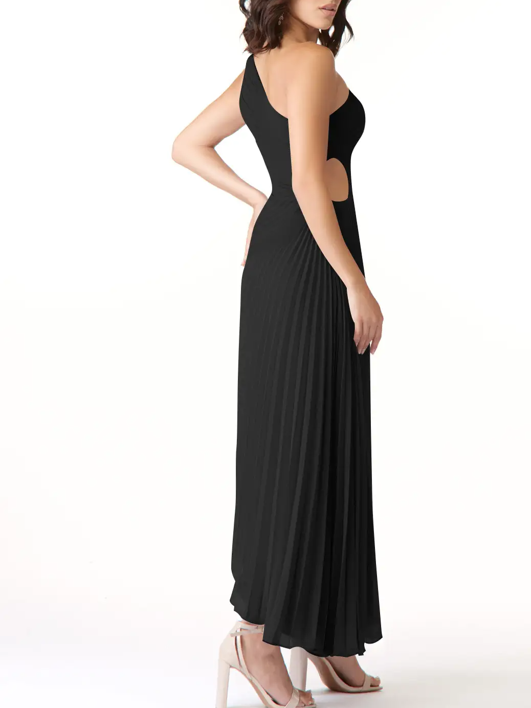 European And American Women'S New Fashion Solid Color Casual Sexy Temperament One-Shoulder Diagonal Collar Pleated Hollow Dress Long Skirt