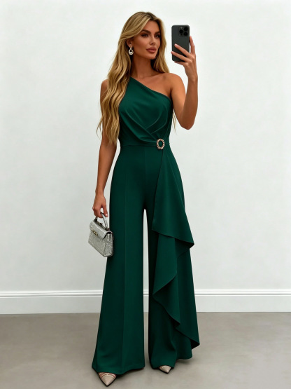 Elegant One-Shoulder Draped Wide-Leg Evening Jumpsuit